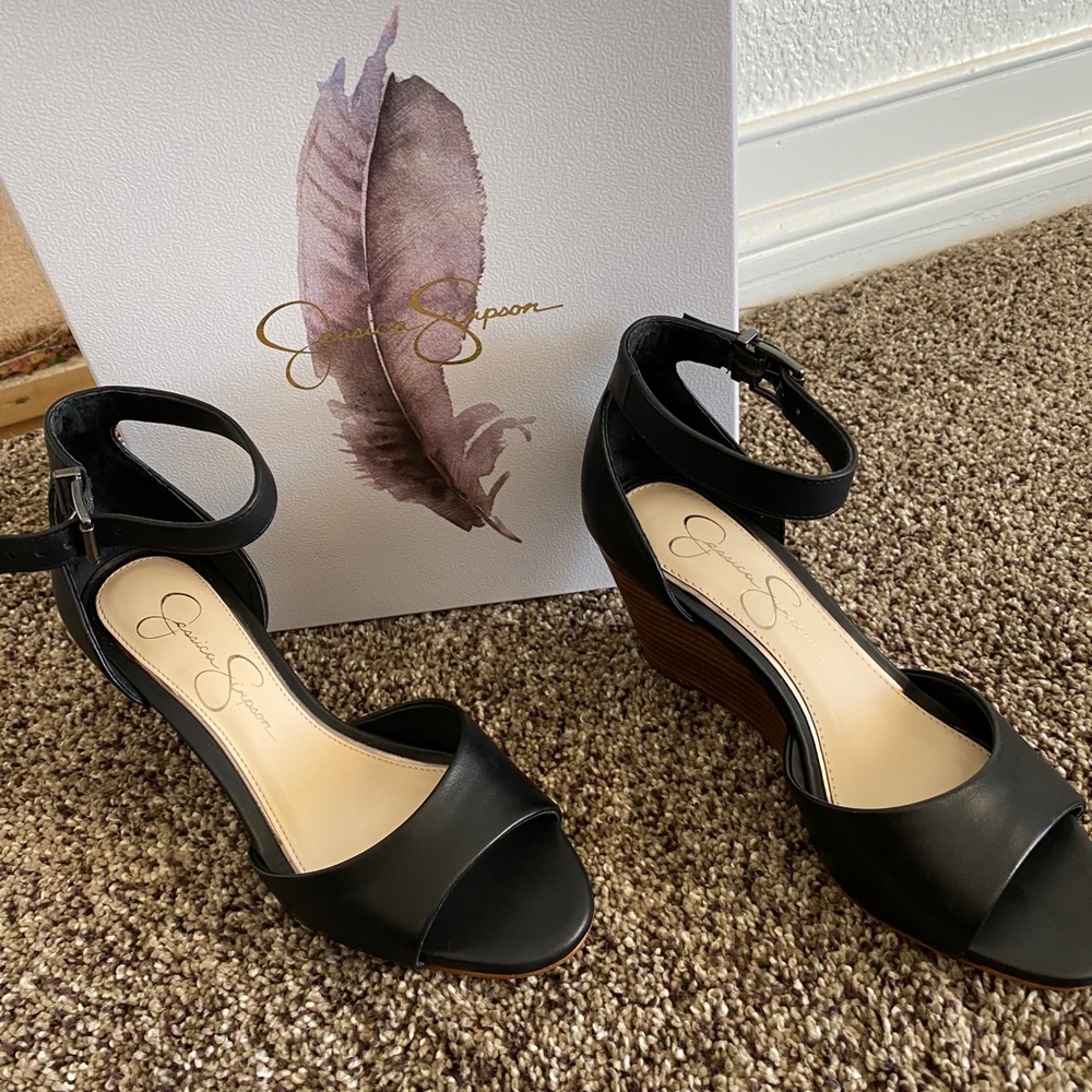 Jessica Simpson black leather wedge sandals